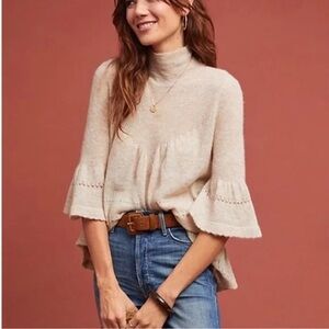 Feather Bone Anthropologie‎ Merino Wool Baby Alpaca Bell Sleeve Sweater Beige S